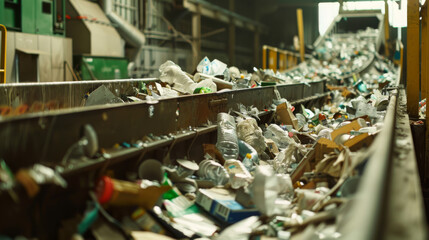 Detailed view of advanced machinery sorting recyclable materials at a modern recycling center.