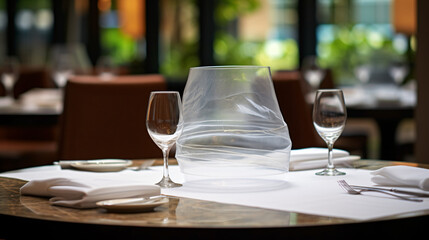 A glass table in a hotel dining area