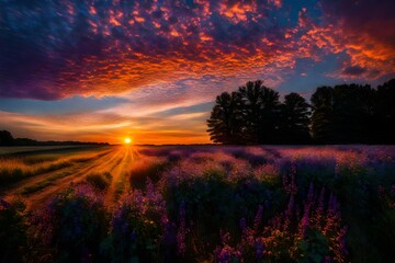 Summer sunset of Blue, Purple, and Orange over a field in Michigan