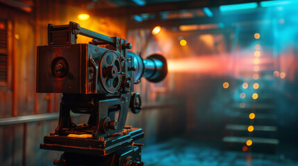 Fototapeta premium film projector on a wooden background with dramatic lighting and selective focus.