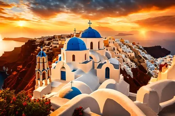 Foto op Canvas Beautiful view of Churches in Oia village, Santorini island in Greece at sunset, with dramatic sky. © Eun Woo Ai