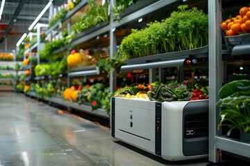 An advanced autonomous robot is pictured monitoring lush green plants in a futuristic vertical indoor farm.
generative ai