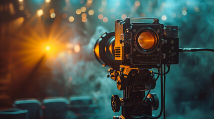 film projector on a wooden background with dramatic lighting and selective focus. - obrazy, fototapety, plakaty