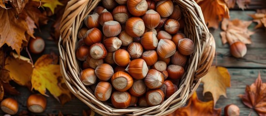 Autumn-themed top view of hazelnuts in a rustic basket in a garden, representing the concept of harvesting on Thanksgiving. It serves as a hazelnut background for a composition.