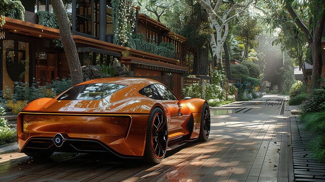 Luxury orange sports car parked on a wet street with lush green trees and a modern house in the background