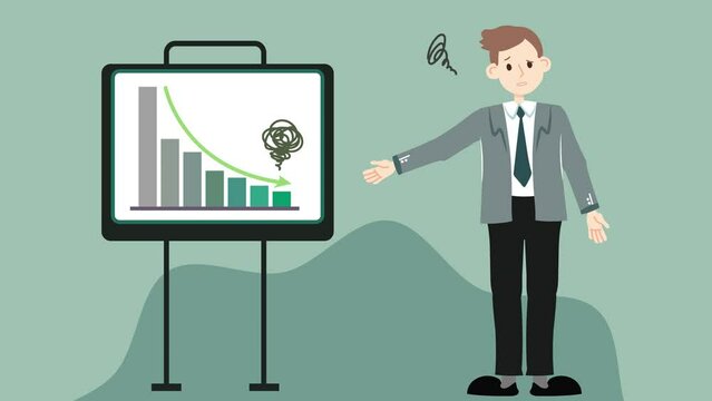 Distressed businessman present decrease turnover or profits chart. 2D flat cartoon style character animation footage. Office worker showing report performance decline with hand point and lip syncing