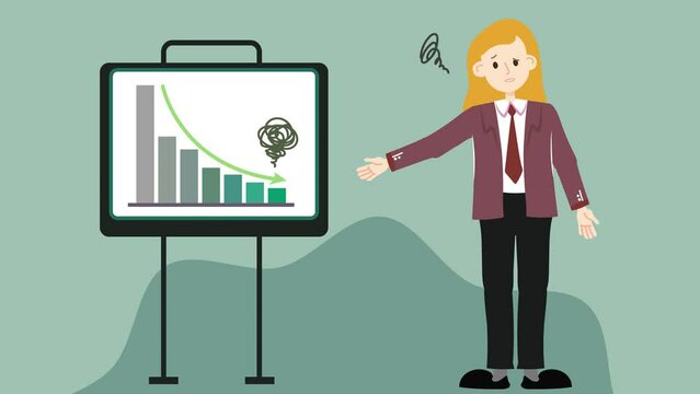 Distressed businesswoman present decrease turnover or profits chart. 2D flat cartoon style character animation footage. Office worker showing report performance decline with hand point and lip syncing