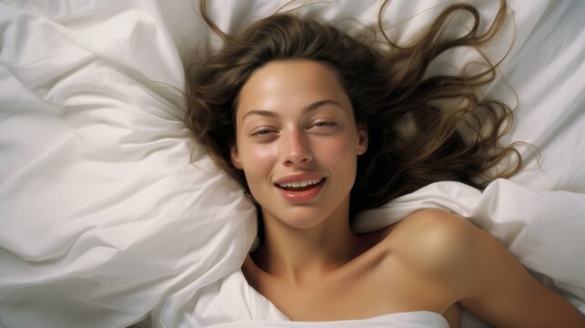 A beautiful female is enjoying and feels good. Woman's face during an orgasm in bed. Women's pleasure.