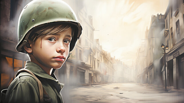 Chid as a soldier feel sad in a war-torn city. Kid imagination and creative concept. Retro style.