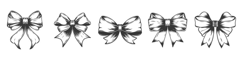 hand drawn ribbon bow collection in sketch style. Engraving of Bowknot for decoration, gift, headband, hair accessory. big set of bowtie