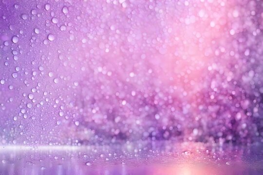 Water and drops on shimmering holographic abstract lilac pink purple background with copy space Modern poster design