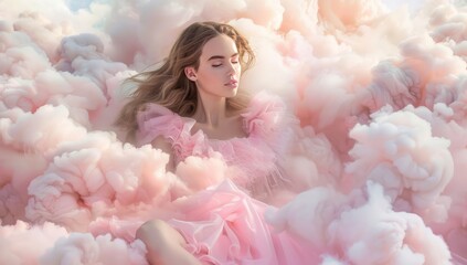 Dreamy image of a woman in a flowing pink dress lying amongst ethereal pink cloud formation. Futuristic fashion portrait of woman.
