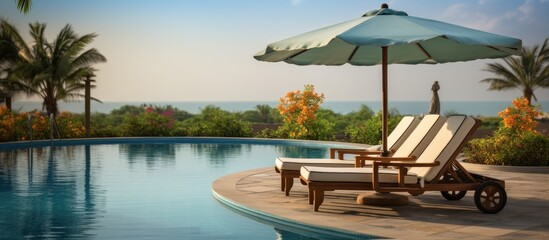 Luxurious outdoor pool with umbrella and chair for travelers and vacationers - obrazy, fototapety, plakaty