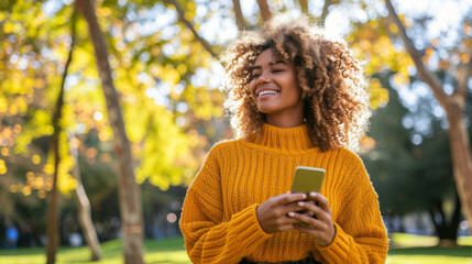 Fototapeta premium A young woman smiles as she holds a smartphone in her hands, glancing away while enjoying the outdoors in the park.