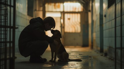 A quiet moment of companionship between a person and their pet in a crowded, noisy animal shelter. 8k