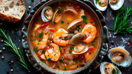 bowl with traditional french bouillabaisse soup with seafood on the table - obrazy, fototapety, plakaty