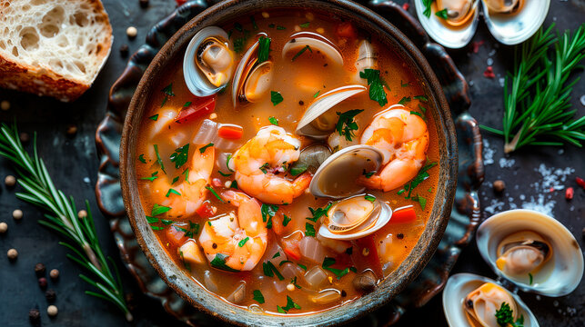 bowl with traditional french bouillabaisse soup with seafood on the table