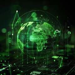 Illustration of a glowing green digital globe surrounded by connectivity and technology icons, showcasing the interconnected nature of the modern digital world.