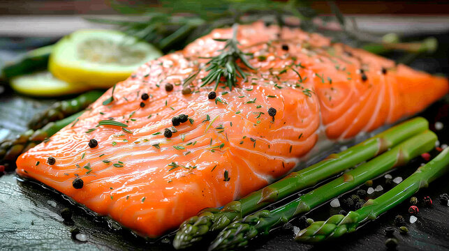 dish with salmon and asparagus on the table close-up