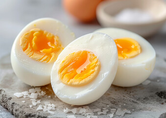 chicken boiled eggs with salt close-up - obrazy, fototapety, plakaty