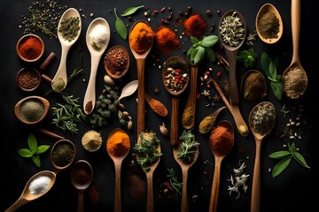 Overhead of spoons full of herbs and spices on a black background.