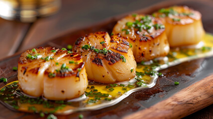 delicious grilled scallops with herbs and creamy dressing - obrazy, fototapety, plakaty