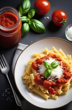  plate of perfectly al dente pasta adorned with a rich marinara sauce, sprinkled with freshly grated Parmesan cheese. The aroma of basil and garlic, Italian cuisine.