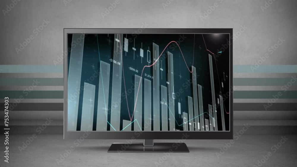 Poster animation of statistics and digital data processing over computer screen