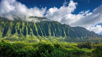 Ho'omaluhia Botanical Garden Concept. View of Mount Ko'olau on Oahu - Hawaii