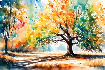 Watercolor oil paint drawing sketch art canvas of color bright tree. Forest nature decoration...