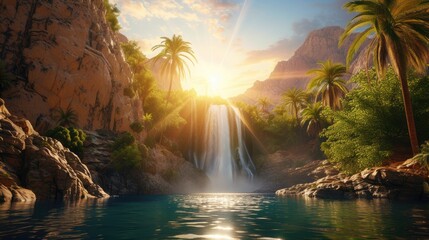 A rare waterfall oasis in the desert, with the sun high in the sky casting a bright light on the...