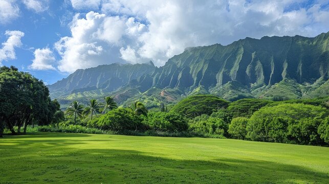 Ho'omaluhia Botanical Garden Concept. View of Mount Ko'olau on Oahu - Hawaii