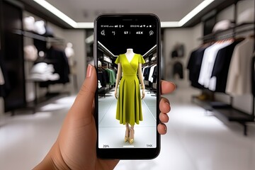 A hand holds a phone with augmented reality app in a clothing store. The screen projects an AR model of the dress.