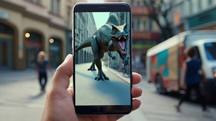 A hand holds a phone with an augmented reality app. The screen projects an AR model of a dinosaur on a city street.