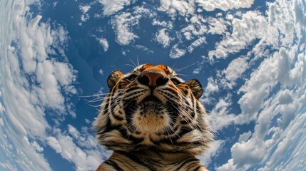 Bottom view of a tiger against the sky. An unusual look at animals. Animal looking at camera