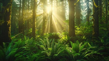 The majestic sunlight illuminates the lush forest with ferns and tall trees.