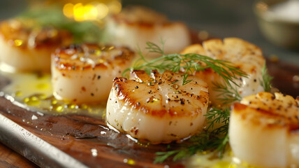 delicious grilled scallops with herbs and creamy dressing - obrazy, fototapety, plakaty