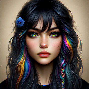 Portrait of a Woman with Rainbow Hair Highlights