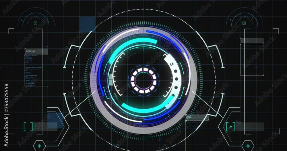 Poster animation of scope scanning and digital data processing over black background