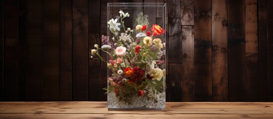 Flower filled glass vase displayed on a wooden surface
