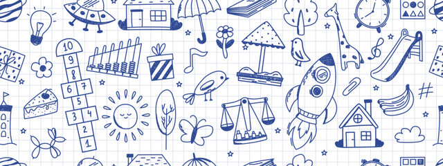 Seamless pattern with kindergarten doodles. Butterfly, toys, flower, umbrella, house, sun, tree, animals and other elements. Scribbled with chalk texture.