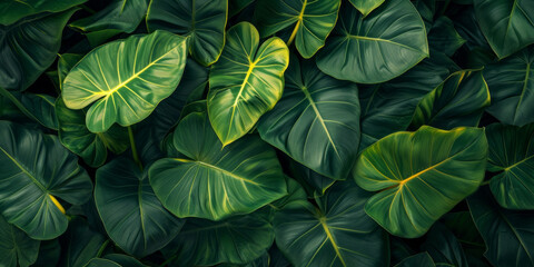 Tropical Alocasia green leaves background, horizontal Top down view. close - up shot