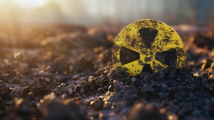 Radiation Hazard Symbol on Contaminated Soil at Sunset - obrazy, fototapety, plakaty