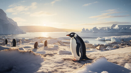 Amidst changing conditions a penguin - obrazy, fototapety, plakaty