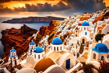 Beautiful view of Churches in Oia village, Santorini island in Greece at sunset, with dramatic sky. - obrazy, fototapety, plakaty