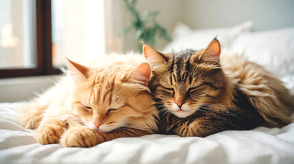 Portrait of two young sleeping cats lying on a white bed.