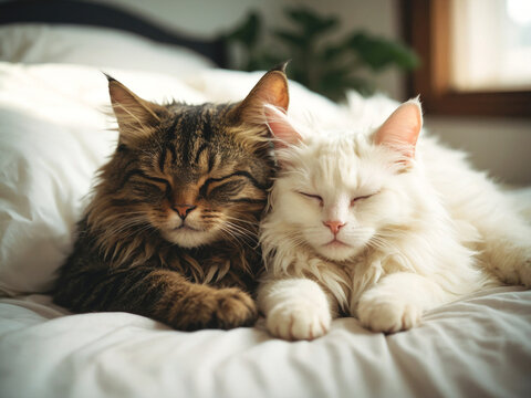 Portrait of two young sleeping cats lying on a white bed.