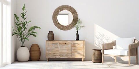 Ethnic-style living room with modern commode, round mirror, and white wall.