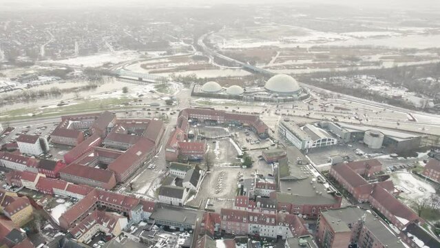 Establishing Shot over City Center and Landmark in Randers, Denmark