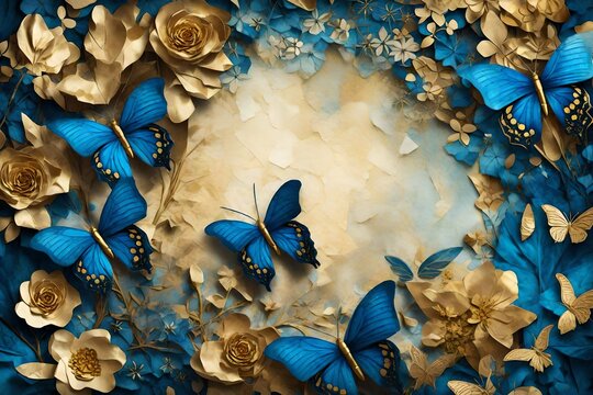 Abstarct Flowers, herbarium, luxury color combination, cyanotype of stone surrounded by fantasy butterfly flowers, torn paper golden glow, abstract pattern, foliage background, crumpled paper.